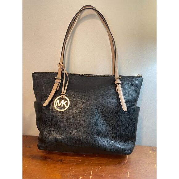 Michael‎ Kors Jet Set Jet Pebbled Leather Tote Bag Large Black Pristine - Picture 1 of 8
